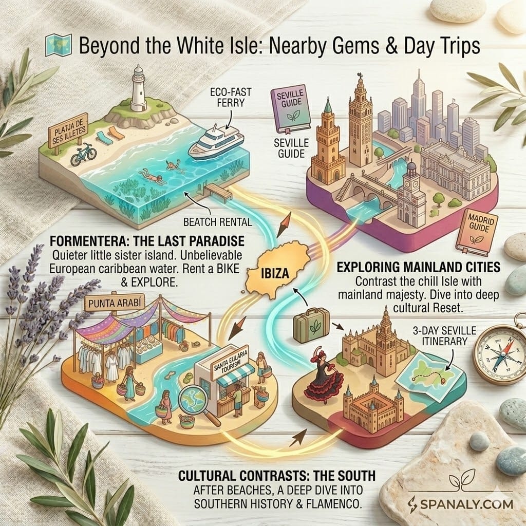 A flat-lay infographic showing day trip options from Ibiza, featuring Formentera island, the mainland cities of Madrid and Seville, and the Punta Arabí market.