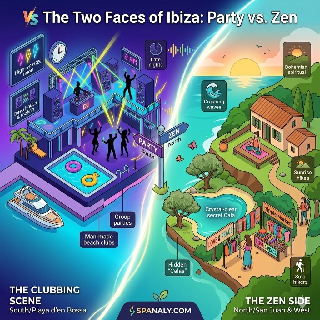 Colorful infographic comparing Ibiza's party scene in the South with its Zen nature side in the North, featuring club icons vs. yoga, hippie markets, and secret calas.
