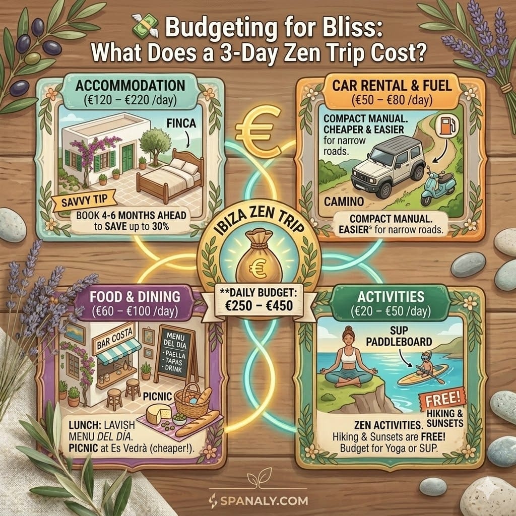 A bohemian-style artistic infographic for Ibiza travel budget, featuring hand-painted frames detailing costs for a Finca, a rental car, local dining, and yoga on a rustic wooden table with olive branches.