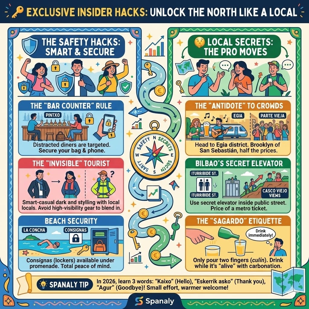 A colorful infographic showing local secrets and safety tips for the Basque Country. Left side covers safety: the Bar Counter rule, dressing like an invisible tourist (Smart-Casual), and beach lockers (Consignas). Right side covers local secrets: Egia district, Bilbao's secret elevator, and Sagardo etiquette. Includes a Spanaly tip about Basque language.