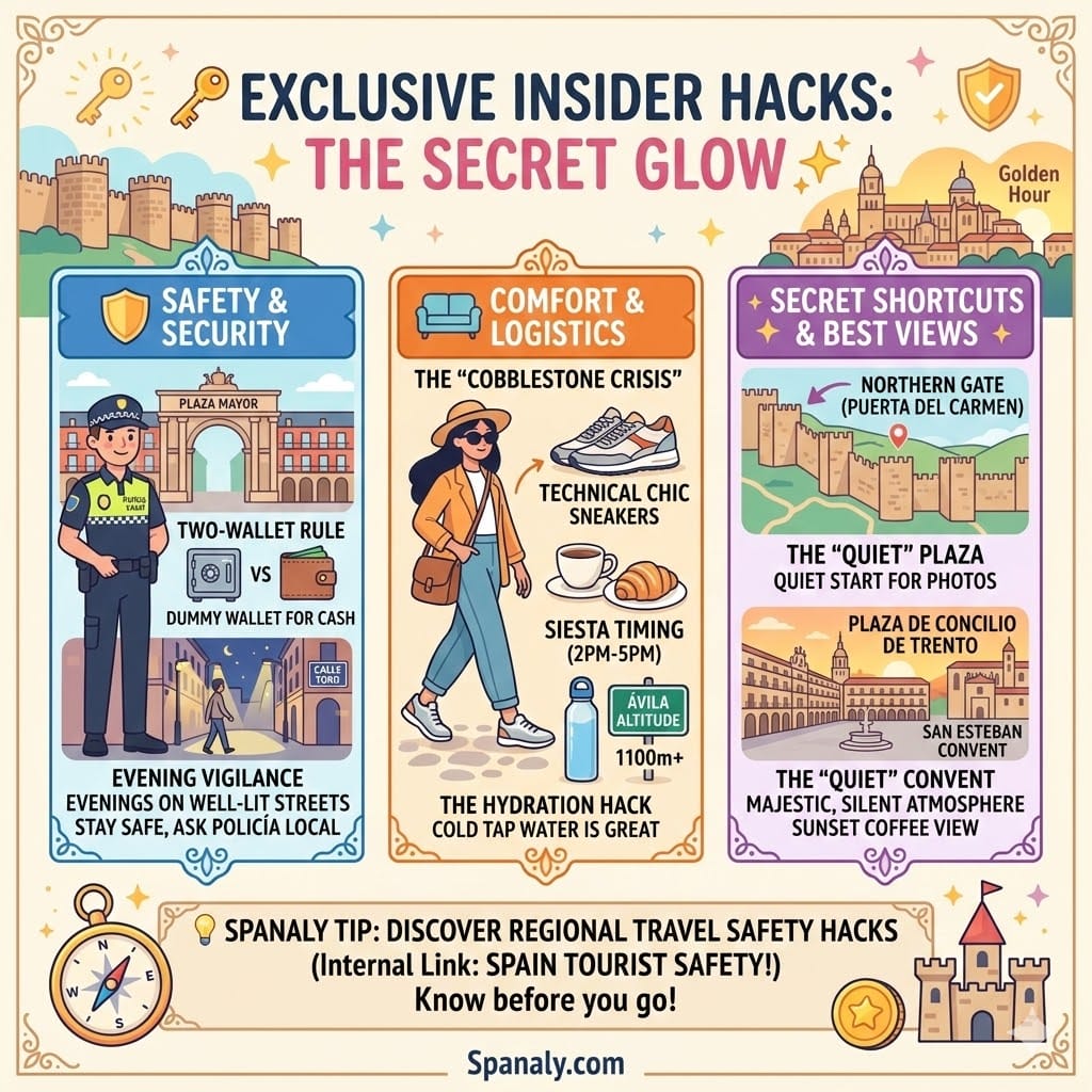 Square 1024x1024 infographic sharing insider travel tips for Ávila and Salamanca, including safety rules, comfortable footwear advice, hydration hacks, and secret panoramic viewpoints.