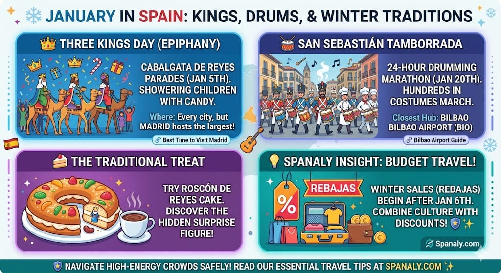 Infographic of January festivals in Spain featuring Three Kings Day parade in Madrid, San Sebastián Tamborrada drumming marathon, and traditional Roscón de Reyes cake. Includes a Spanaly Insight about winter sales (Rebajas) and Bilbao Airport hub. Spanaly.com
