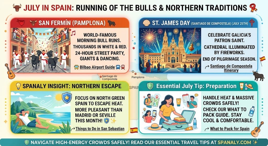 A vibrant colorful infographic titled '🐂 JULY IN SPAIN: RUNNING OF THE BULLS & NORTHERN TRADITIONS'. It features visual panels illustrating the daring San Fermín bull runs in Pamplona with runners in white and red, and the spectacular fireworks illumination over the Cathedral of Santiago de Compostela for St. James Day. Includes Spanaly Insights about escaping to 'green Spain' to avoid heat and packing light. With Spanaly.com logo. Modern flat vector style.