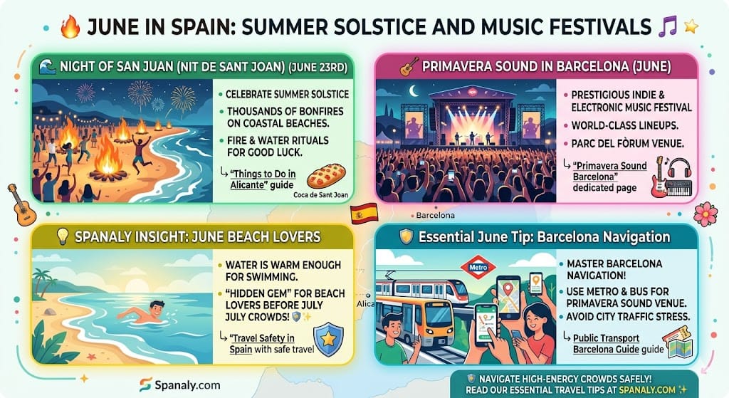 A vibrant colorful infographic titled '🔥 JUNE IN SPAIN: SUMMER SOLSTICE AND MUSIC FESTIVALS'. It features visual panels illustrating coastal bonfires on beaches for the Night of San Juan (Nit de Sant Joan), and a massive open-air crowd enjoying music at Primavera Sound in Barcelona. Includes Spanaly Insights about June as a 'hidden gem' for beaches and using public transport in Barcelona. With Spanaly.com logo. Modern flat vector style.