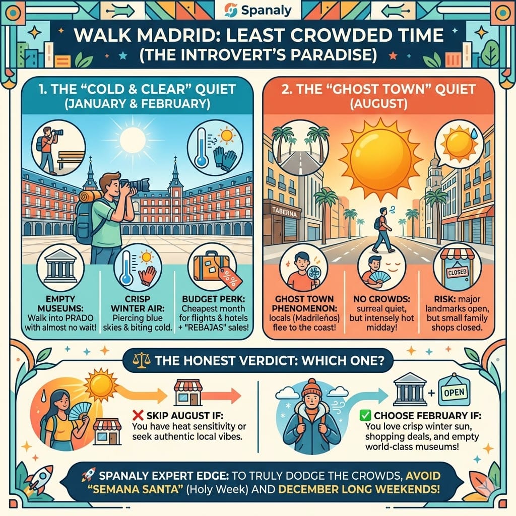 A square colorful infographic by Spanaly.com illustrating the least crowded time to visit Madrid, with two main panels: '1. THE "COLD & CLEAR" QUIET (JANUARY & FEBRUARY)' featuring a solitary traveler with a camera in an empty grand Plaza Mayor under a clear bright sun; and '2. THE "GHOST TOWN" QUIET (AUGUST)' showing a single traveler with a fan walking down completely empty wide avenues like Gran Vía with closed storefronts.