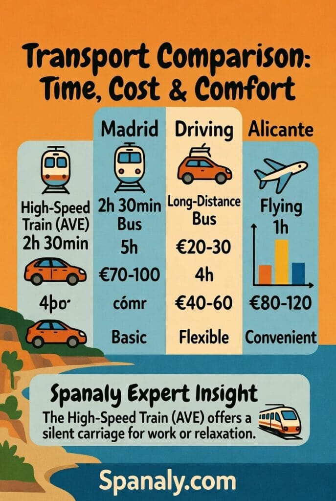Infographic comparing transport options from Madrid to Alicante: high-speed train, bus, driving, and flying – time, cost, and comfort levels.