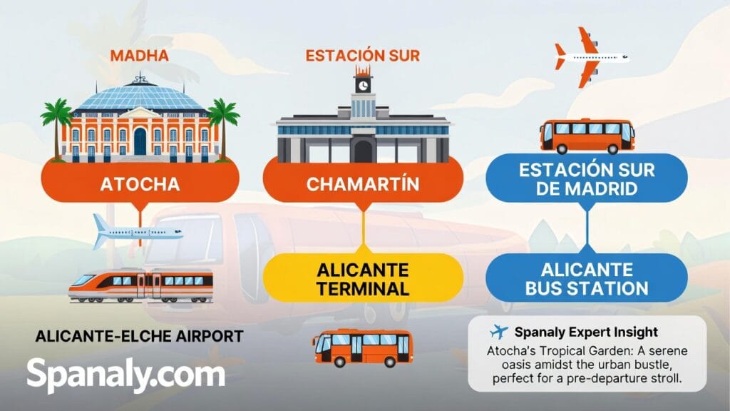 Infographic: Main transport stations Madrid to Alicante – Atocha, Chamartín, Estación Sur, Alicante Terminal & Bus Station
