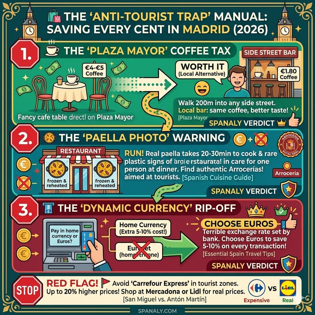 A colourful infographic by Spanaly guide to avoiding tourist traps in Madrid in 2026. It features three tactical warnings with red stop icons: 1. Avoid the €4-€5 'Plaza Mayor' Coffee Tax by walking to local bars for €1.80 coffee. 2. The 'Paella Photo' Warning against frozen paella in tourist areas, recommending authentic Arrocerías. 3. The 'Dynamic Currency' Rip-off at ATMs and card payments, always choose Euros. Includes a red flag warning on expensive supermarkets.