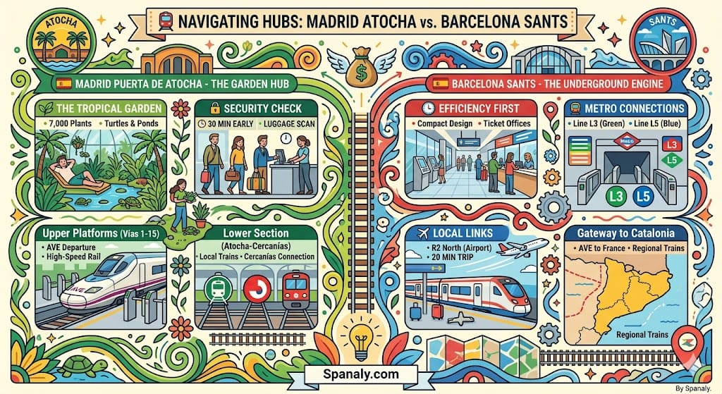 A vibrant colorful square infographic by Spanaly comparing Madrid Puerta de Atocha and Barcelona Sants train hubs. Left (Green): Madrid Atocha featuring the Tropical Garden, 30-minute security checks, and upper platforms for AVE. Right (Red): Barcelona Sants highlighting efficiency, Metro Line L3 and L5 connections, and the 20-minute R2 North airport link.