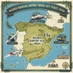 Simplified infographic map of Madrid Barajas Airport (MAD) showing T4 terminal, transport links, and Madrid hub.
