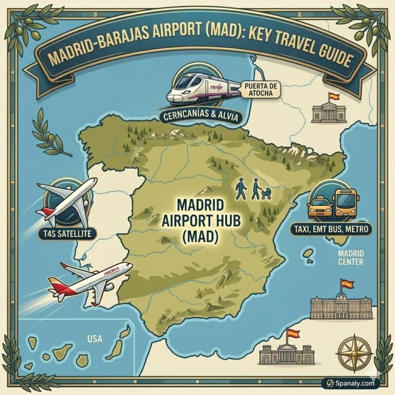 Simplified infographic map of Madrid Barajas Airport (MAD) showing T4 terminal, transport links, and Madrid hub.