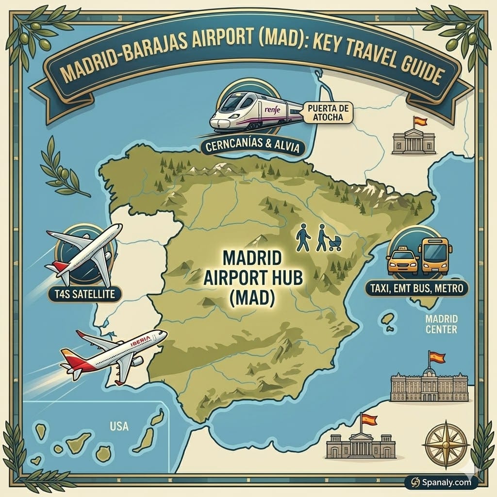 Simplified infographic map of Madrid Barajas Airport (MAD) showing T4 terminal, transport links, and Madrid hub.