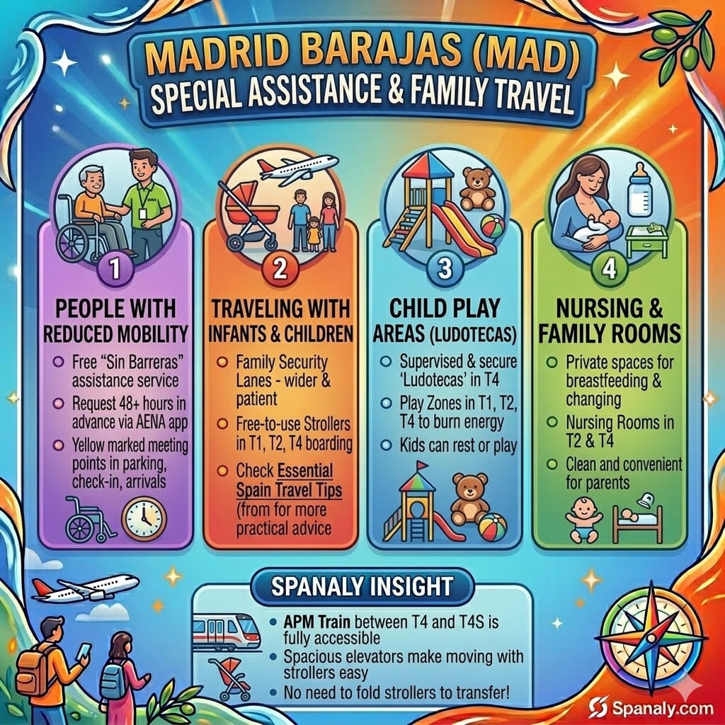 Infographic of Madrid Barajas Airport family services, play areas, and special assistance for reduced mobility.