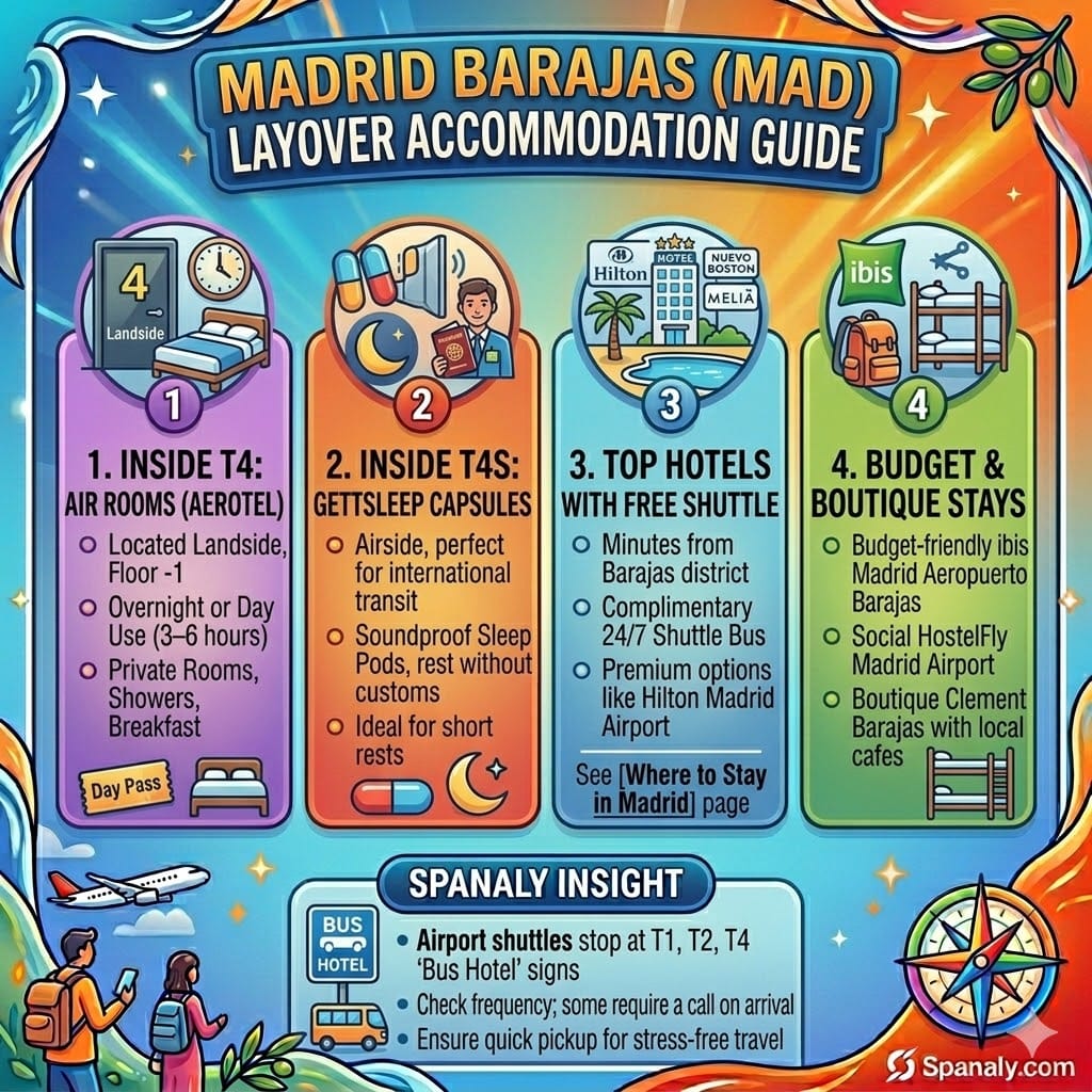 Infographic of hotels near Madrid Barajas Airport with free shuttle service and sleep pods in Terminal 4.