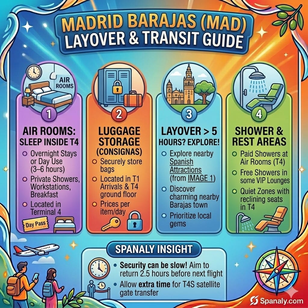 Infographic of Madrid Barajas Airport transit services including Air Rooms, luggage storage, and rest areas.
