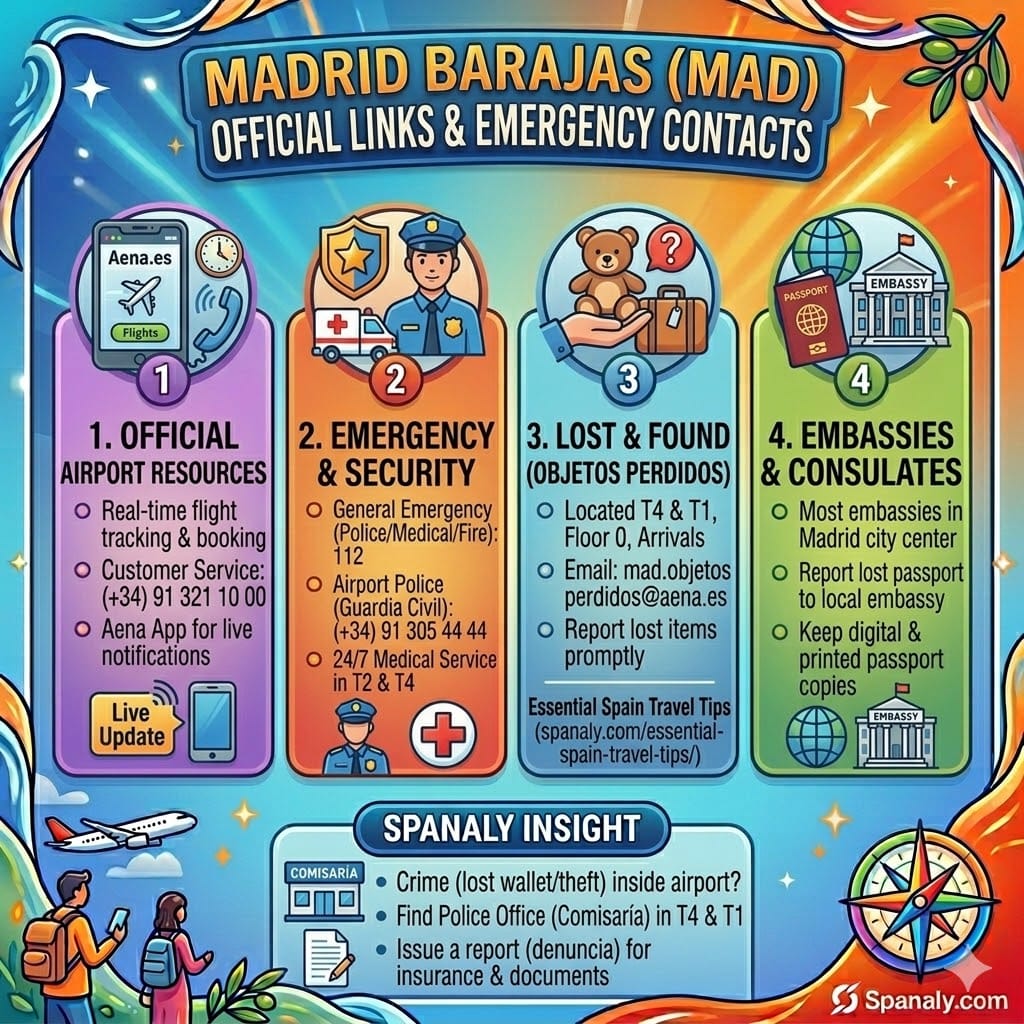 Infographic of Madrid Barajas Airport official links, emergency numbers, lost and found, and police contacts.