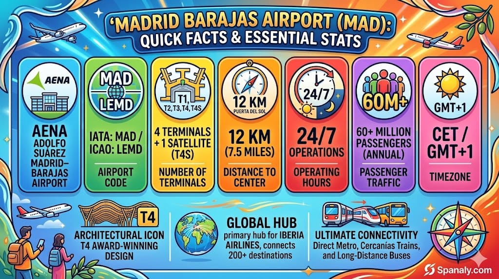 Colorful infographic showing Madrid Barajas Airport (MAD) statistics, terminals, and transport options by Spanaly.