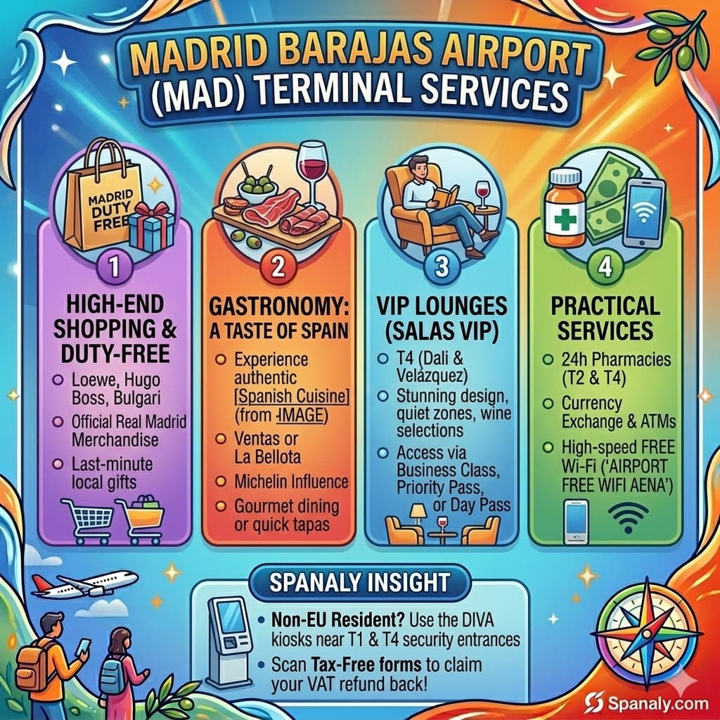 Infographic of Madrid Barajas Airport services including duty-free shopping, tapas restaurants, and VIP lounges.