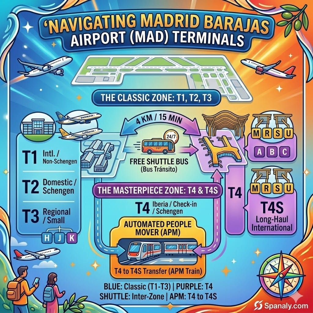 Infographic map of Madrid Barajas Airport terminals T1, T2, T3, and T4 with transit guide.