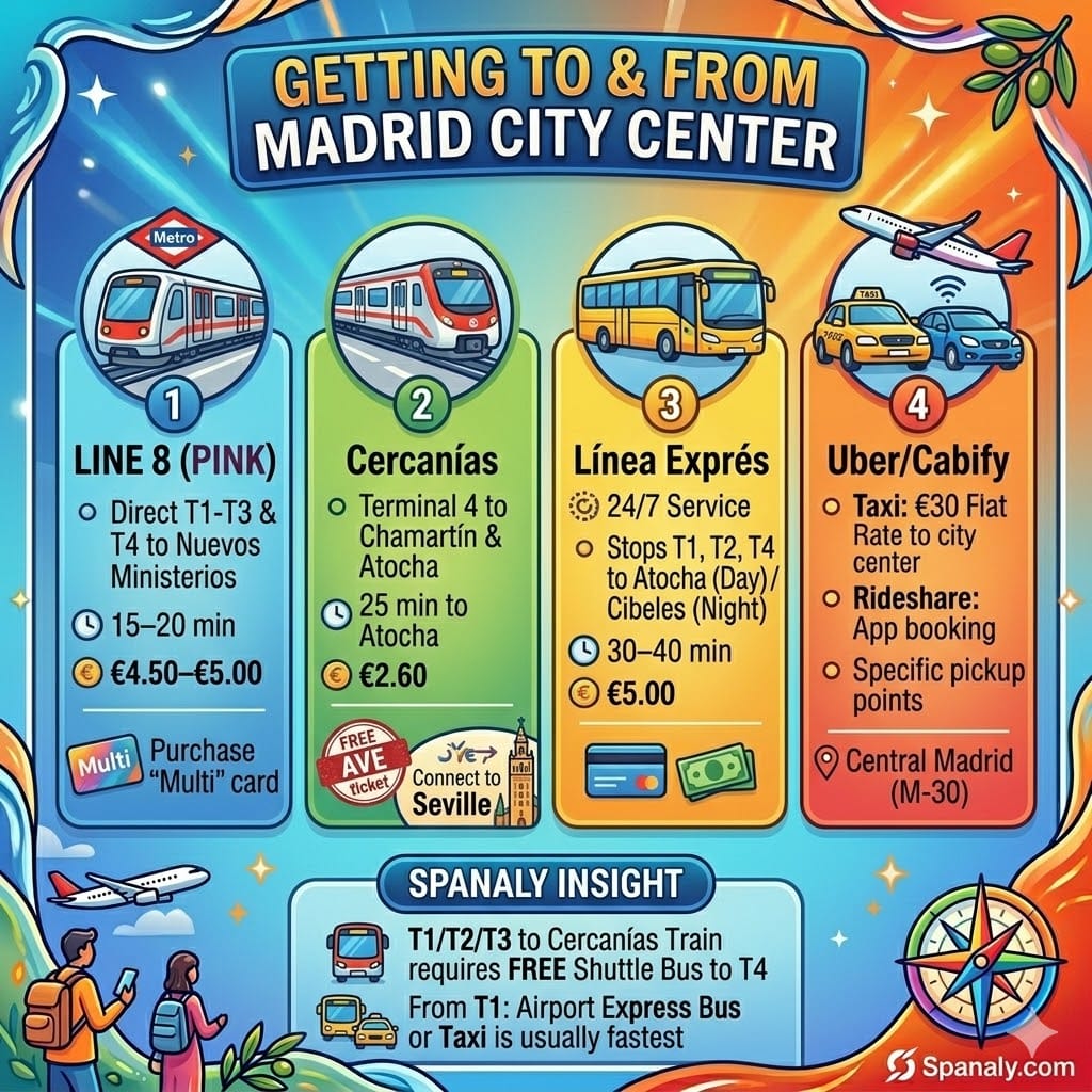 Infographic of transport options from Madrid Barajas Airport to city center: Metro, Train, Bus, and Taxi.