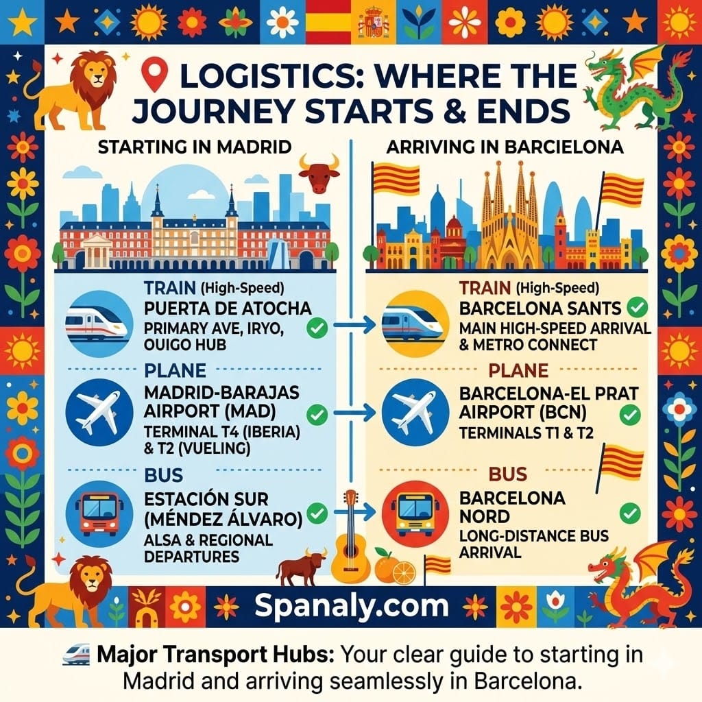 A colorful 1024x1024 infographic showing the major transport hubs starting in Madrid and arriving in Barcelona, featuring Atocha, Sants, Barajas, El Prat, and bus stations with Spanaly.com branding.