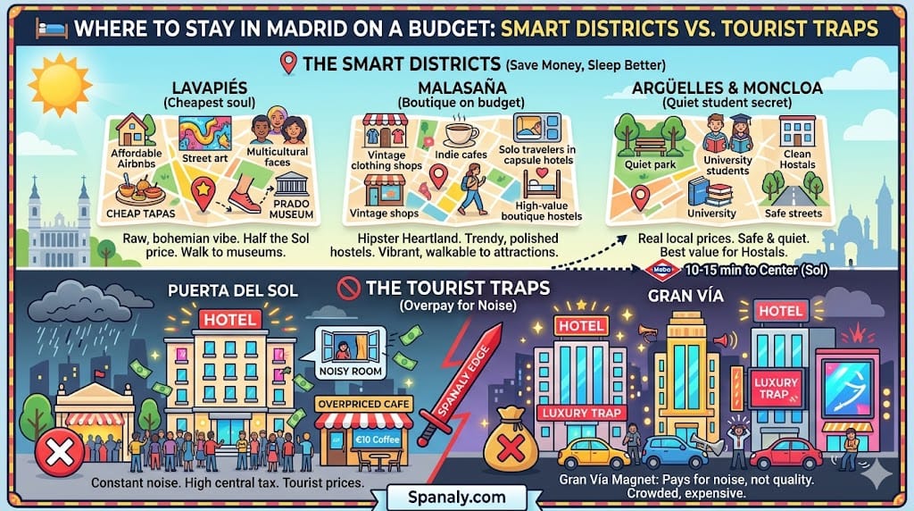A vibrant comparison infographic by Spanaly highlighting the best budget neighborhoods in Madrid versus expensive tourist traps. The "Smart Districts" section features Lavapiés (Cheapest Soul), Malasaña (Boutique on Budget), and Argüelles (Student Secret). The "Tourist Traps" section warns against the constant noise and high prices of Puerta del Sol and Gran Vía.
