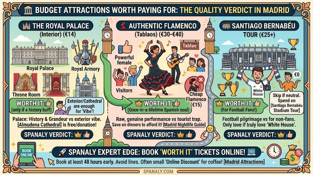 A colourful infographic by Spanaly guide for budget attractions worth paying for in Madrid in 2026. It gives a quality verdict on three key attractions: The Royal Palace (Interior), Authentic Flamenco Shows (Tablaos), and the Santiago Bernabéu Tour. It provides Specific Spanaly Verdicts for each with pro tips on shared tickets, online booking discounts, and authentic local alternatives.
