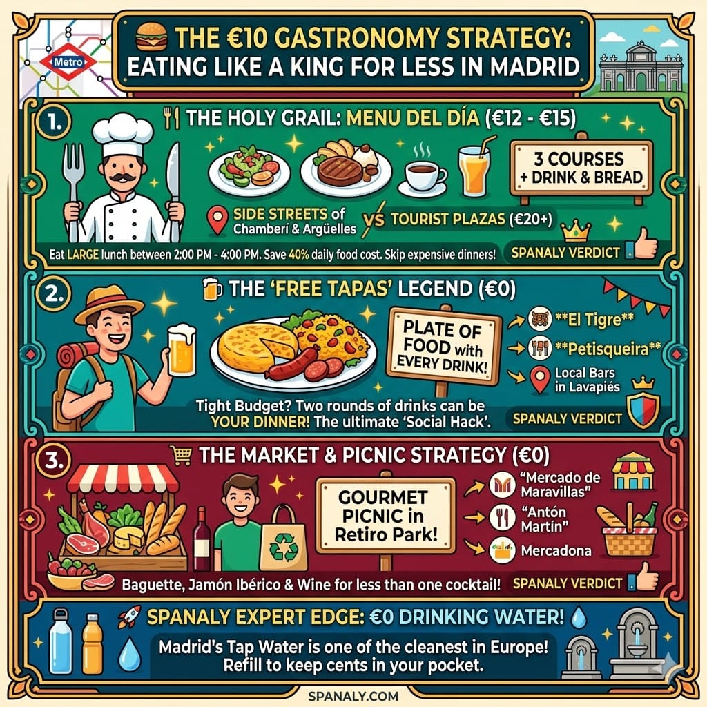 A colorful infographic by Spanaly titled "The €10 Gastronomy Strategy" for Madrid. It illustrates three tactical ways to save money on food: the three-course Menu del Día (€12-€15), legendary free tapas bars in Lavapiés like El Tigre, and the market picnic strategy at Retiro Park using Mercadona or Mercado de Maravillas. Includes a Spanaly Expert Edge on free drinking tap water.