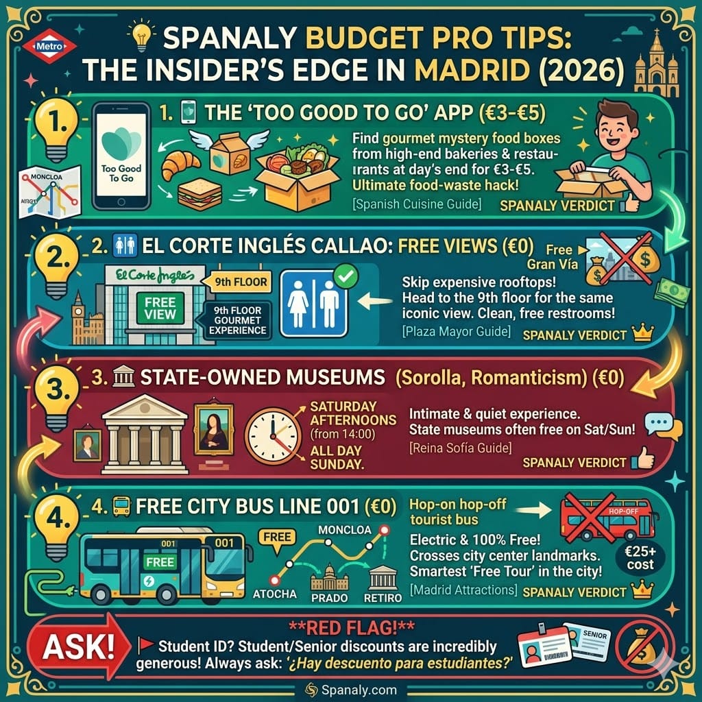 Infographic of 4 Madrid budget hacks by Spanaly: Too Good To Go app, free views at El Corte Inglés Callao, free entry to State Museums, and the €0 Free City Bus Line 001.