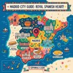 Epic infographic map of Spain focusing on Madrid city guide. It features icons of major landmarks like Royal Palace, Plaza Mayor, Retiro Park, and Gran Vía, alongside local food such as Cocido Madrileño and churros by Spanal