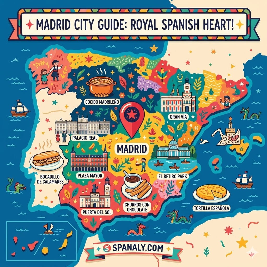 Epic infographic map of Spain focusing on Madrid city guide. It features icons of major landmarks like Royal Palace, Plaza Mayor, Retiro Park, and Gran Vía, alongside local food such as Cocido Madrileño and churros by Spanal