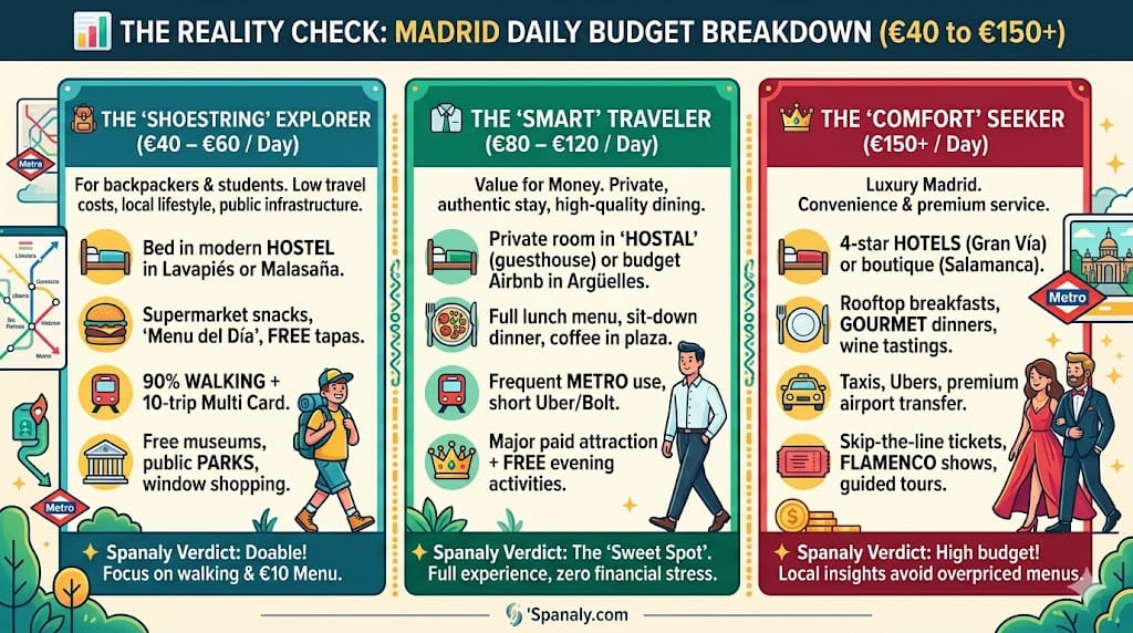 A detailed colorful infographic by Spanaly showing the daily budget breakdown for Madrid in 2026. It compares three traveler profiles: The Shoestring Explorer (€40-€60), The Smart Traveler (€80-€120), and The Comfort Seeker (€150+). Each section details costs for sleep, food, transport, and entertainment, with specific Spanaly Verdicts for each budget level.