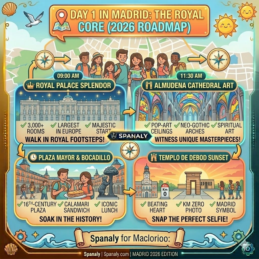 A colorful 2026 roadmap for Day 1 in Madrid, featuring the Royal Palace, Almudena Cathedral, Plaza Mayor, and Templo de Debod with a step-by-step hourly guide by Spanaly.com.