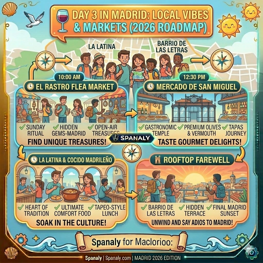 A colorful 2026 roadmap for Day 3 in Madrid, featuring El Rastro market, Mercado de San Miguel, La Latina district, and a rooftop farewell at Barrio de las Letras by Spanaly.com.