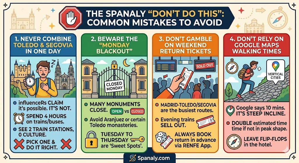 A square colorful infographic by Spanaly.com detailing four common mistakes to avoid on Madrid day trips: trying to combine Toledo and Segovia, ignoring Monday closures, not pre-booking weekend trains, and underestimating walking times in steep cities.