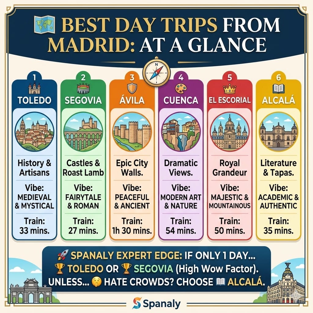 A square colorful infographic by Spanaly.com comparing top day trips from Madrid, showing travel times and highlights for Toledo, Segovia, Avila, Cuenca, and El Escorial.