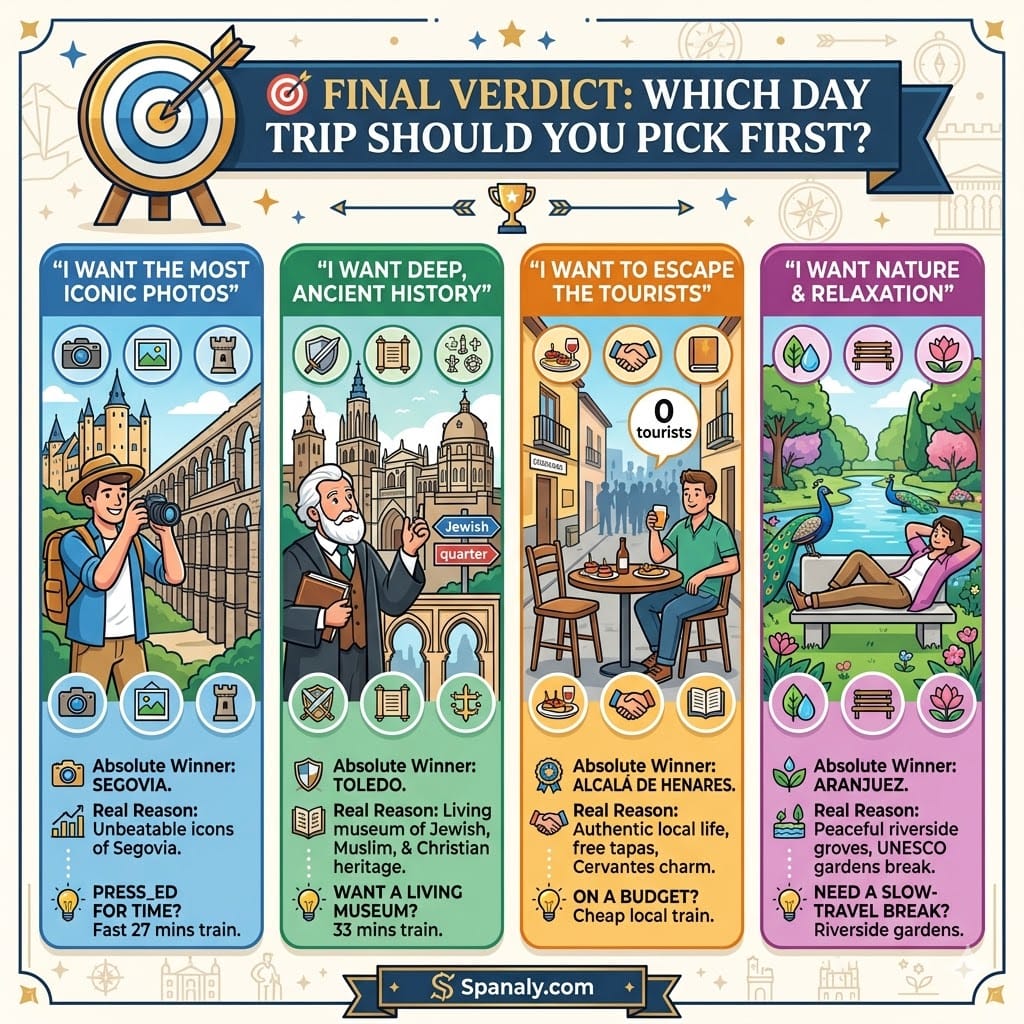 A square colorful infographic by Spanaly.com showing a decision matrix for Madrid day trips, matching travel priorities with winners: Segovia for photos, Toledo for history, Alcalá for avoiding crowds, and Aranjuez for relaxation.