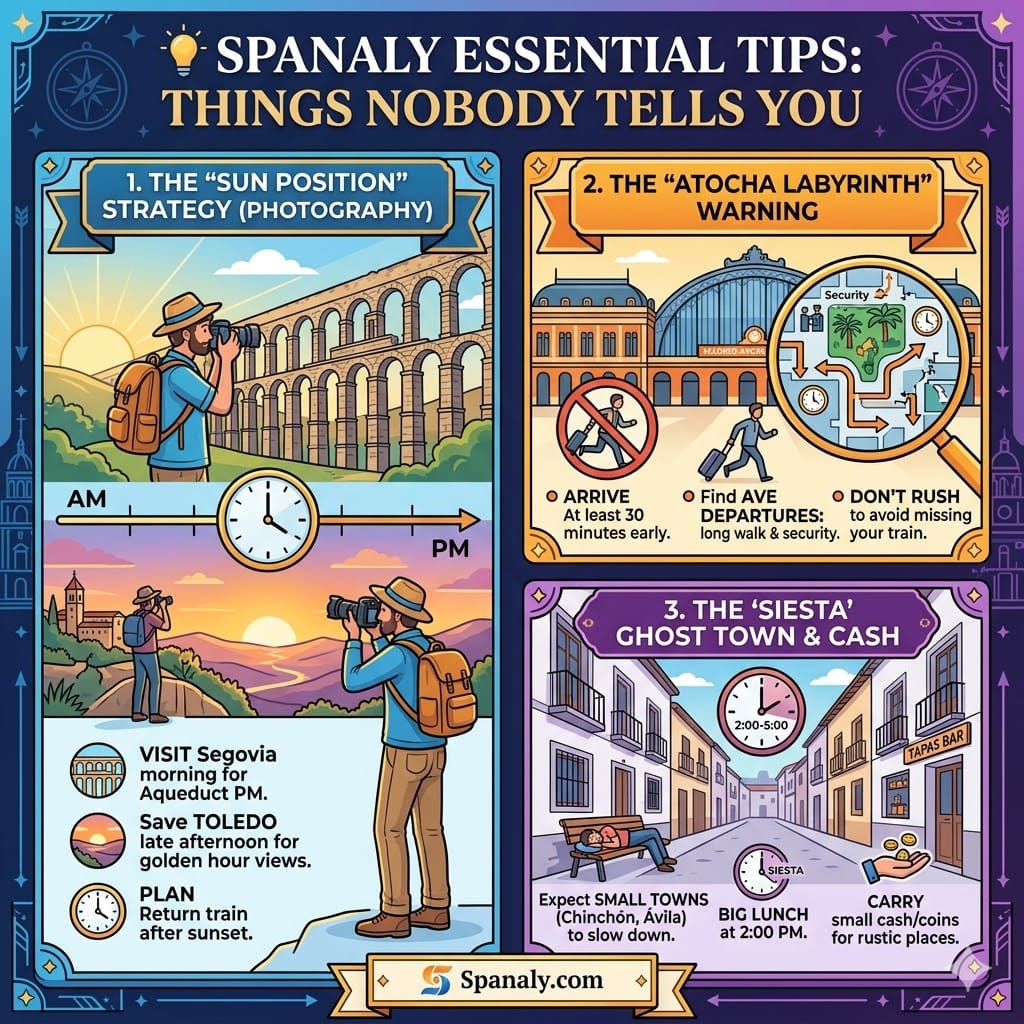 A square colorful infographic by Spanaly.com illustrating three key insider tips for Madrid day trips: using sun positions for photography in Segovia and Toledo, navigating the Atocha station labyrinth, and managing 'Siesta' timing with cash in small towns.