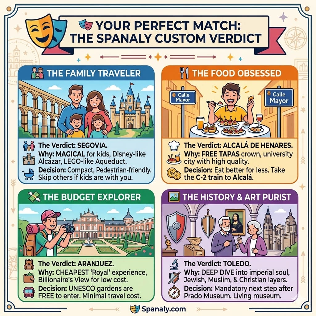 A square colorful infographic by Spanaly.com categorized by traveler type: Segovia for families, Alcalá de Henares for foodies, Aranjuez for budget travelers, and Toledo for history purists.