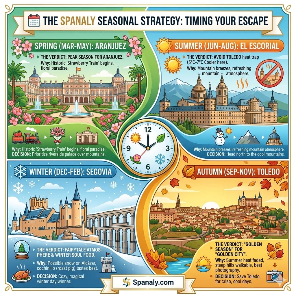 A square colorful infographic by Spanaly.com showing the best day trips from Madrid by season: Aranjuez in Spring, El Escorial in Summer, Toledo in Autumn, and Segovia in Winter with expert weather tips.