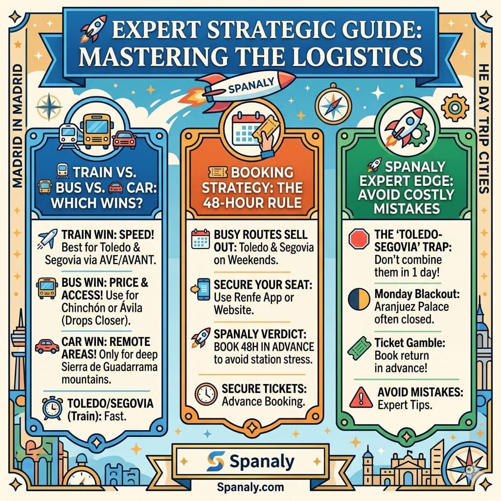 A square colorful infographic by Spanaly.com comparing transport options from Madrid for day trips, highlighting train speed for Toledo and Segovia, bus for Chinchon, and car for the mountains.