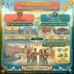 A vibrant and joyful illustrated featured image for Madrid 2026, presenting a colorful 72-hour roadmap with four sequential highlights: Royal Grandeur (Day 1), Art & Green Lungs (Day 2), Local Vibes & Markets (Day 3), and Insider Value Hacks by Spanaly.com.