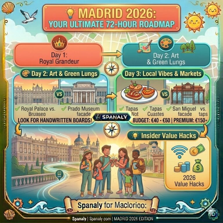A vibrant and joyful illustrated featured image for Madrid 2026, presenting a colorful 72-hour roadmap with four sequential highlights: Royal Grandeur (Day 1), Art & Green Lungs (Day 2), Local Vibes & Markets (Day 3), and Insider Value Hacks by Spanaly.com.