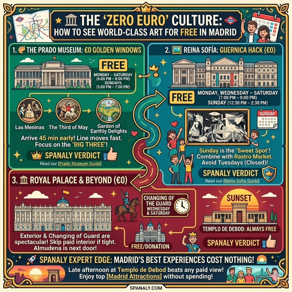 A colorful infographic by Spanaly guide for free culture in Madrid. It breaks down the 'Zero Euro' hours for major attractions: The Prado Museum (Mon-Sat 18:00-20:00, Sun 17:00-17:00), Reina Sofía for Guernica (Mon, Wed-Sat 19:00-21:00, Sun 12:30-14:30), the Thyssen Museum, and the Changing of the Guard at the Royal Palace. It includes a Spanaly Expert Edge on the free sunset at Templo de Debod.