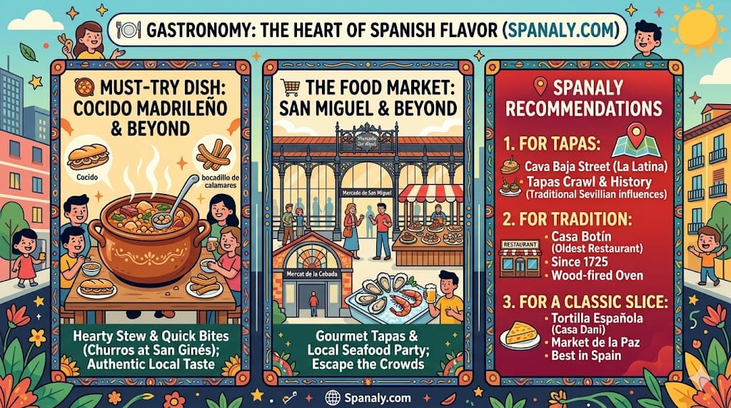 Comprehensive Madrid food infographic featuring Cocido Madrileño, calamari sandwiches, San Miguel market tapas, and Churros at San Ginés by Spanaly.