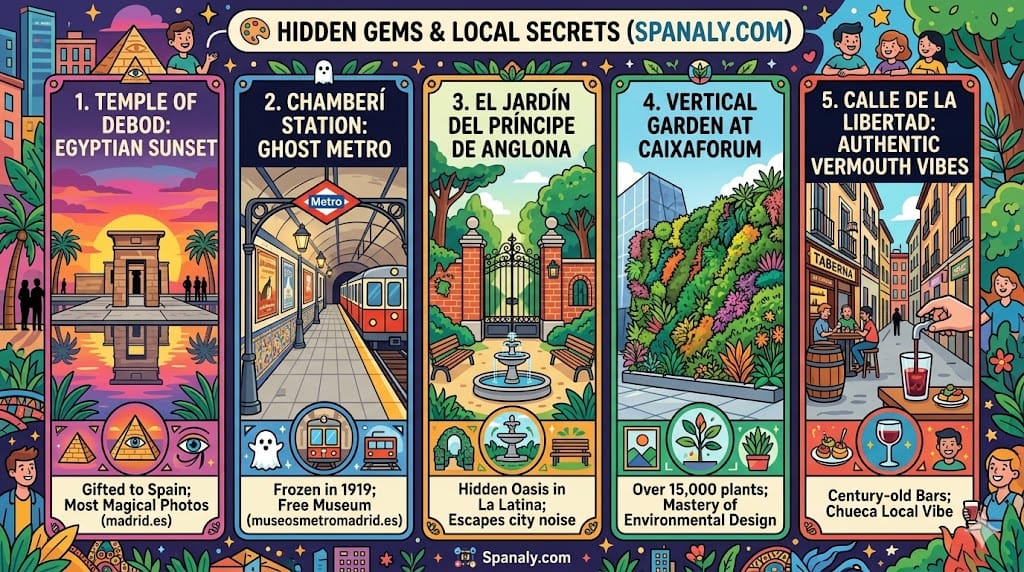 Infographic of Madrid hidden gems including Temple of Debod Egyptian sunset, Chamberí ghost metro station, Principe de Anglona secret garden, and CaixaForum vertical garden by Spanaly.