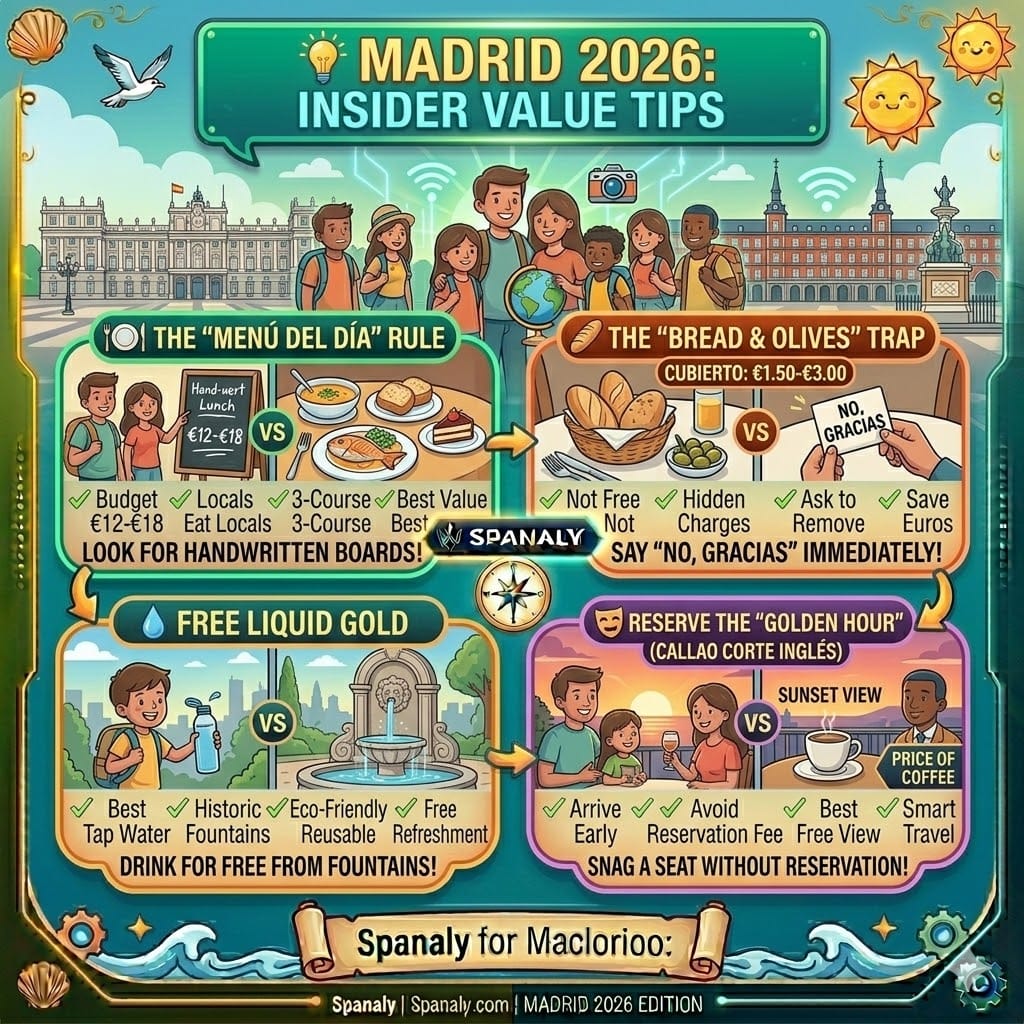 A colorful 2026 infographic for Madrid insider tips: showing the Menu del Dia rule, how to avoid the bread and olives trap, using free public water fountains, and smart sunset views at Callao by Spanaly.com.
