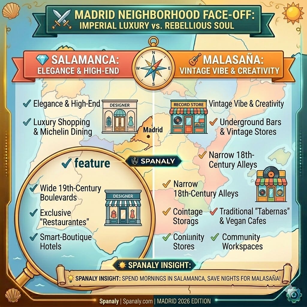 Infographic comparing Madrid's neighborhoods: Salamanca's luxury boulevards vs. Malasaña's vintage vibe and creative energy, with a 2026 travel insight by Spanaly.