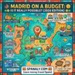 An epic infographic map by Spanaly for traveling Madrid on a budget in 2026. The colourful flat vector map features key tourist attractions and financial tactical hacks. It highlights free entries to the Prado and Reina Sofía museums, shared Metro multi-cards, and the €10 gastronomy strategy. It warns against tourist traps, ensuring smart spending for visitors to Spain.
