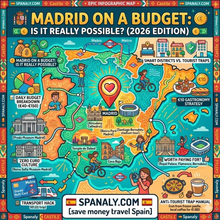 An epic infographic map by Spanaly for traveling Madrid on a budget in 2026. The colourful flat vector map features key tourist attractions and financial tactical hacks. It highlights free entries to the Prado and Reina Sofía museums, shared Metro multi-cards, and the €10 gastronomy strategy. It warns against tourist traps, ensuring smart spending for visitors to Spain.